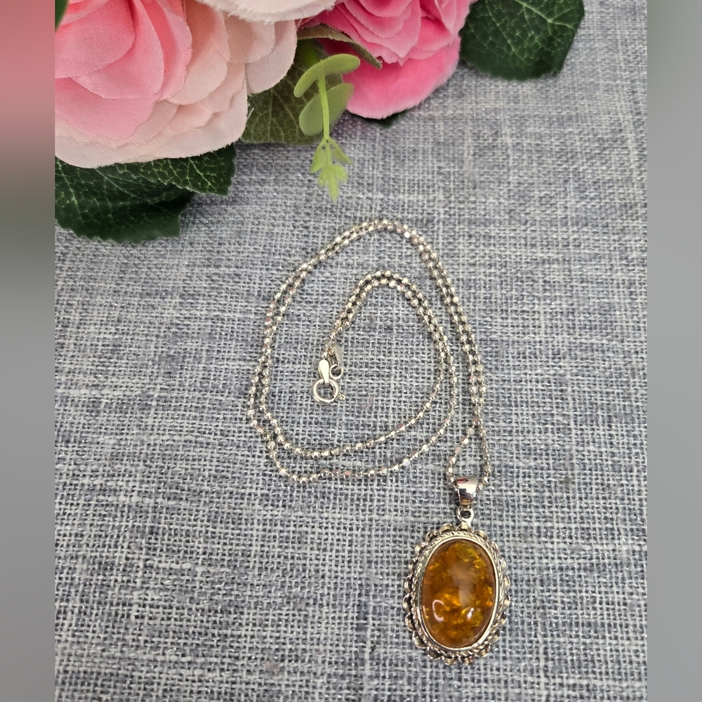 Vintage Handcrafted Sterling Silver 925 ATI Amber Pendant Amber Necklace